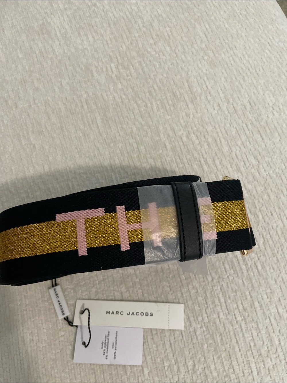 Marc Jacobs Black Webbing Strap with Gold Metallic Stripe and Light Pink Logo - Picture 2 of 6